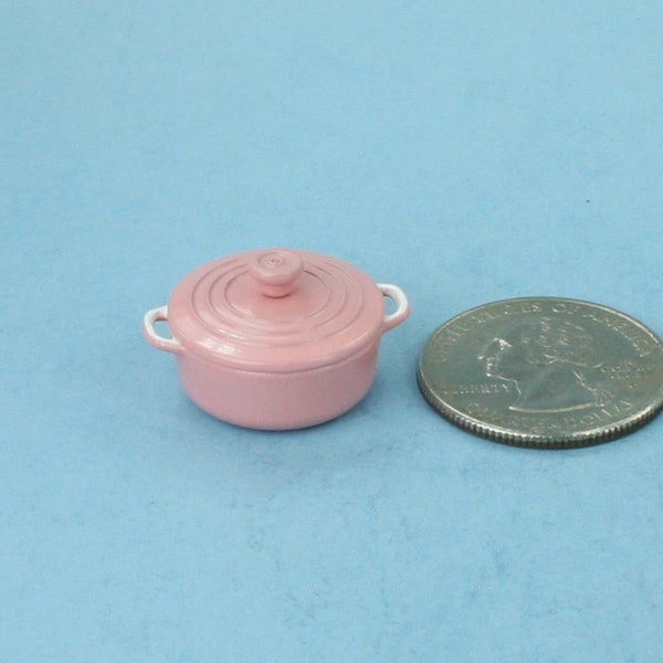 Beautiful Soft Pink Dollhouse Miniature Round Enamelware Dutch Oven Casserole Dish with Handles & Removable Lid #WCKA355PK