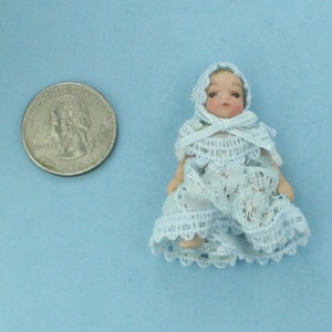 Adorable 1/12 Scale Dollhouse Miniature Porcelain Jointed Baby Boy Doll Dressed in a Light Blue Lace Gown with a Hat #SDP157LB