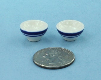 Dollhouse Miniature Bowls: Set of 2 White Porcelain Bowls with Blue Line
