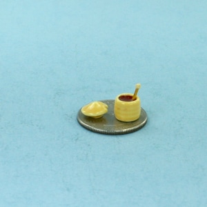 Dollhouse Miniature Charming Yellow Porcelain Honey Jar with Faux Honey, a Dipper and Lid