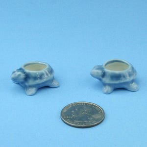 May include: Two small, light blue ceramic turtle-shaped containers with open tops, possibly for holding small items. A quarter is next to the turtles for size comparison. The background is a solid light blue.