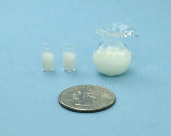 Dollhouse Miniature Filled Pitcher & 2 Filled Glasses of Milk