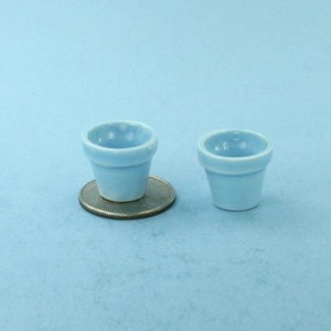 Dollhouse Miniature Light Baby Blue Glazed Ceramic Planter Pots Pair of 2