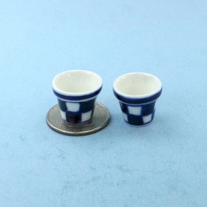 Dollhouse Miniature Dark Blue & White Checkered Ceramic Planter Pots Pair of 2