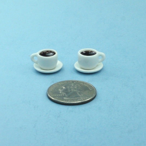 FABULOUS Set of 2 Dollhouse Miniature White Ceramic Coffee Cups Filled with Black Coffee #MCF21