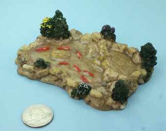 Dollhouse Miniature or Fairy Garden Faux Stone/Rock Pond with Swimming Fish and Flowering Bushes! #SDF693