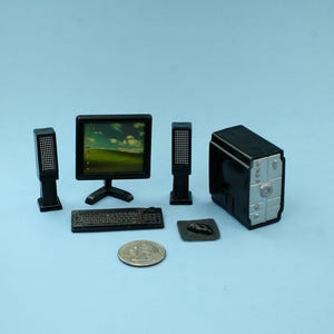Dollhouse Miniature Modern Computer, Monitor, Speakers & Keyboard Set