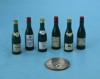 NICE Set of 6 Dollhouse Miniature Green Plastic Wine Bottles with Labels #DE3860