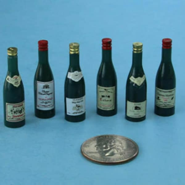 NICE Set of 6 Dollhouse Miniature Green Plastic Wine Bottles with Labels #DE3860