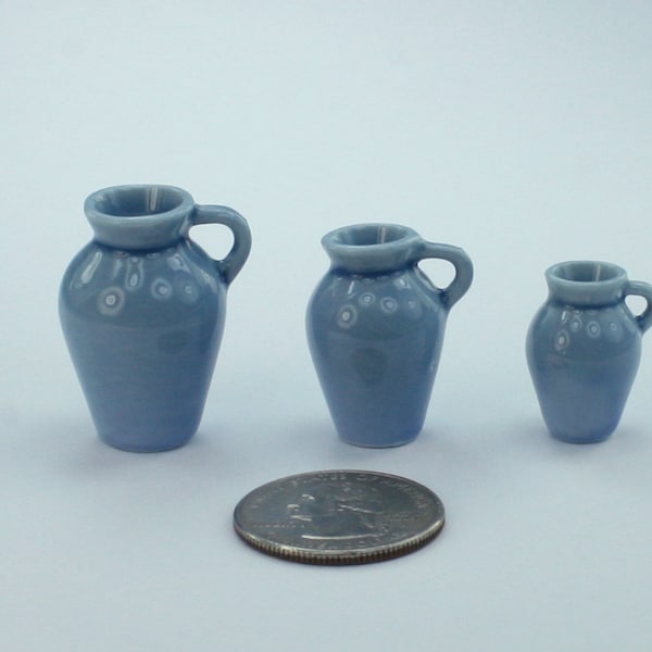 Beautiful Set of 3 Blue Porcelain Dollhouse Miniature Pitcher Jug Style Vases #SCVS2