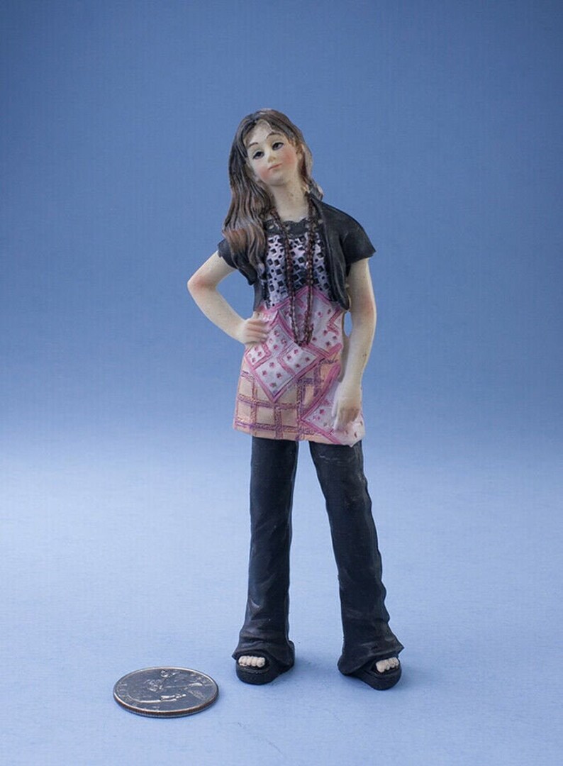 Dollhouse Miniature Teen Girl White Top W// Blue Shorts