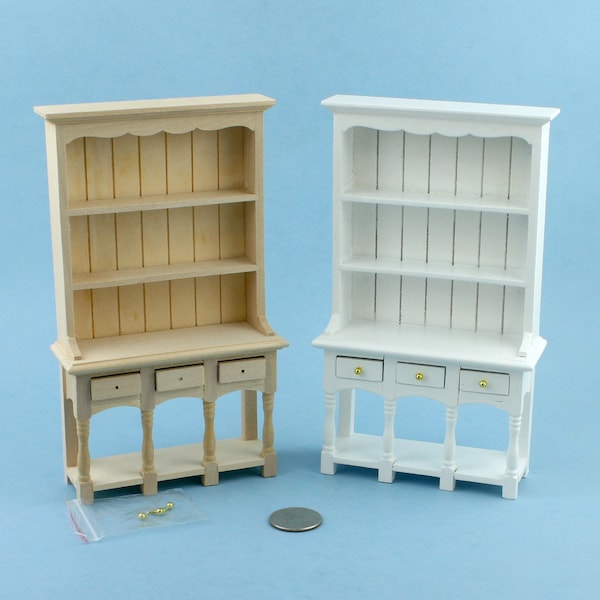 Charming UNFINISHED or WHITE Dollhouse Miniature Kitchen or Dining Room Hutch Cabinet with Vertical Shiplap Back! Great for DIY Projects!