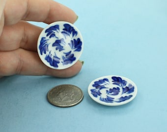 BEAUTIFUL Pair of 2 Dollhouse Miniature Blue & White Round Decorative Porcelain Platters #MMPD20