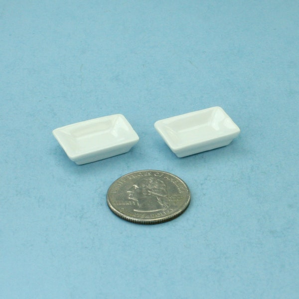 Set of 2 Dollhouse Miniature Modern White Glazed Porcelain Rectangular Serving Bowls #SPLP9