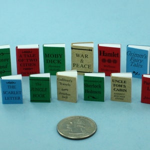 Dollhouse Miniature 12 Piece Classic Book Collection with Titled Covers & Spines Great Bookcase Fillers
