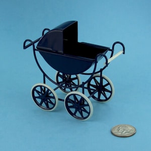 Fabulous 1 inch Scale Dollhouse Miniature Navy Blue Baby Buggy Carriage Stroller Pram #WCN42
