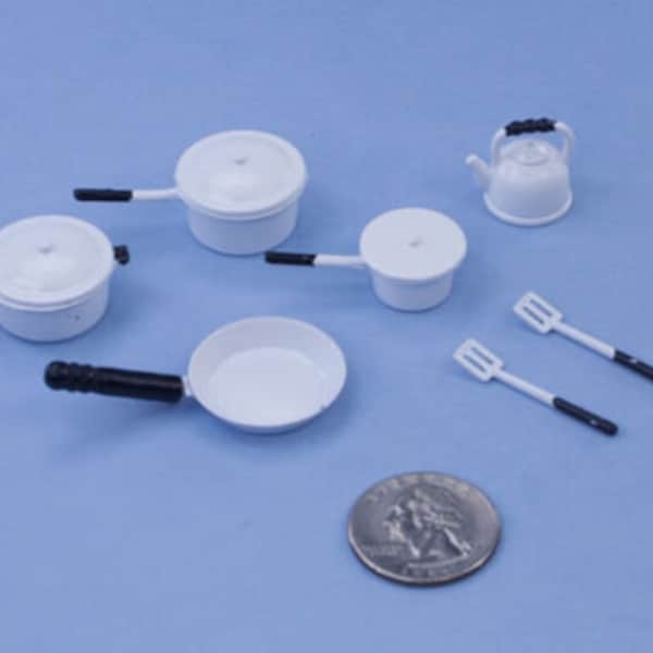 1:12 Scale Dollhouse Miniature White Metal Kitchen Pots & Pans Set with a Teapot and 2 Spatulas #AZG6103