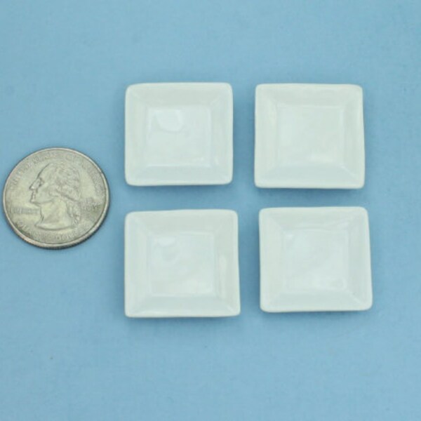 Set of 4 Modern 1 Inch Square Shaped Dollhouse Miniature White Glazed Porcelain Dinner Plates #MPLP40