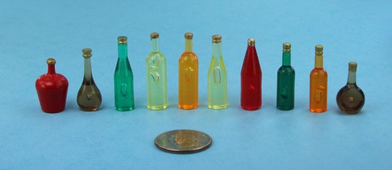 Set of 10 Dollhouse Miniature Assorted Plastic Liquor/Wine Bottles #WCKA312C 