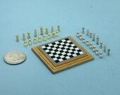 FABULOUS Silver Brass Miniature Chess Set with Solid Metal Pieces and an Oak Wooden Checkered Game Board AZS1627B