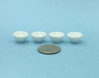 Set of 4 Dollhouse Miniature White Glazed Porcelain Bowls Perfect for Cereal, Soup or Salad Bowls