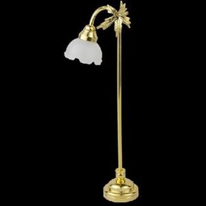 May include: A gold floor lamp with a white glass shade and a palm tree design. The lamp has a curved arm and a round base.