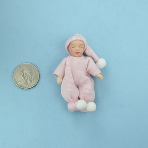 Adorable 1/12 Scale: Dollhouse Miniature Porcelain Sleeping Baby Doll in Pink Footie Pajamas #WCPD117