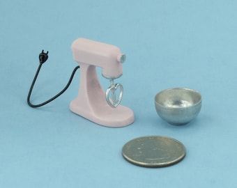 Dollhouse Miniature Retro Light Pink Countertop Stand Mixer with Faux Plug and Bowl
