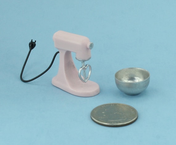 Dollhouse Miniature Retro Light Pink Countertop Stand Mixer with Faux Plug and Bowl