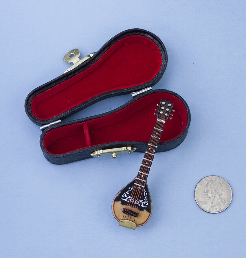 Miniature Mandolin Instrument with Case Wood 4 Fits 1:6 Scale