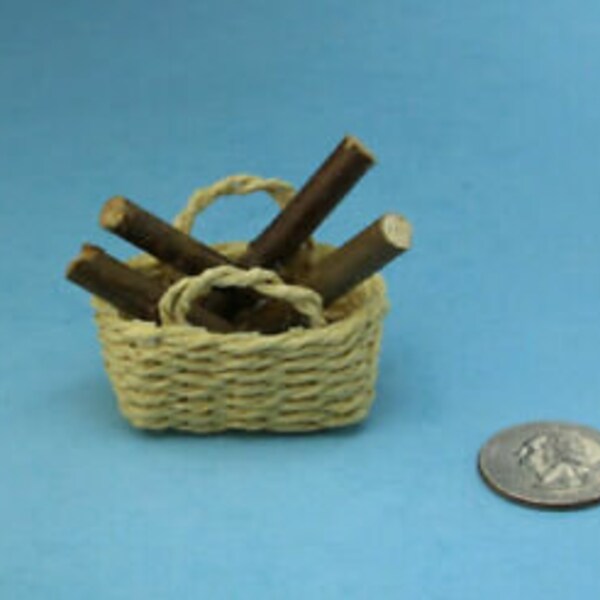 1:12 Scale Dollhouse Miniature Woven Wicker Fireplace Log Basket with Firewood Logs #SD1271