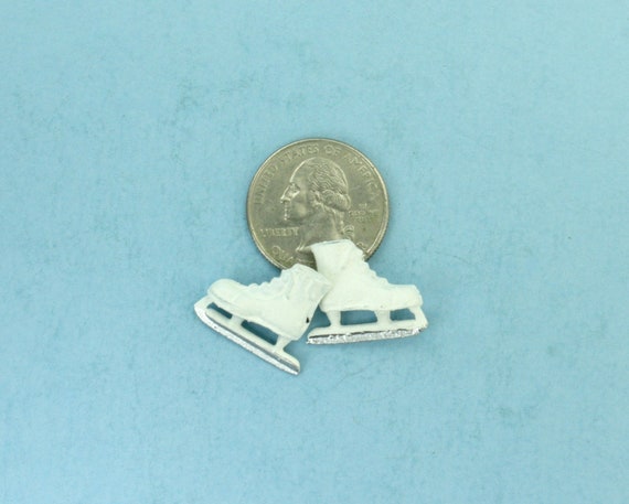 Dollhouse Miniature Pair of White Metal Ice Skates or Hockey Skates