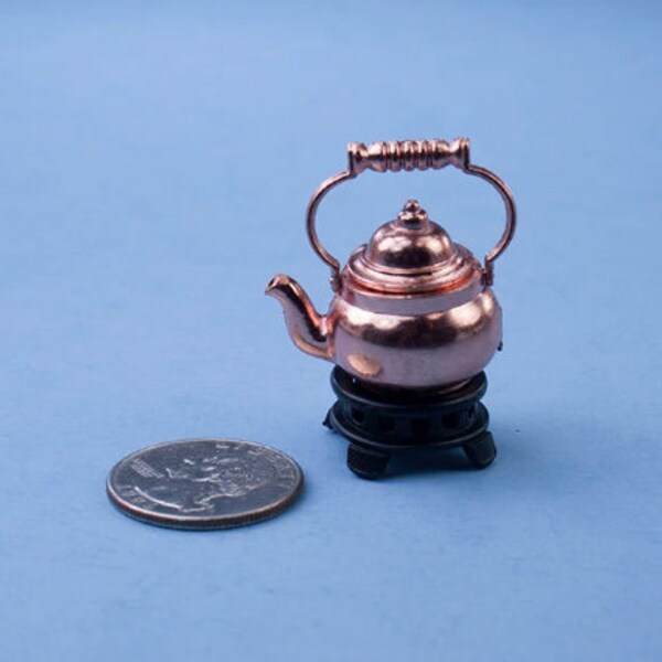 Dollhouse Miniature Copper Tea Kettle Tea Pot with Black Metal Trivet #SD1644