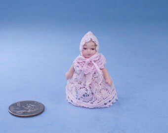 1/12 Scale Dollhouse Miniature Porcelain Baby Doll Dressed in White #SDP158