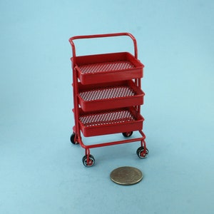 Dollhouse Miniature Realistic Red Metal Tool Cart Craft Cart Utility Cart with Wheels #WCKA422