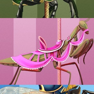 May include: Illustration of three carousel animals: a beetle, a praying mantis, and a bee. Each insect is adorned with decorative saddles, bows, and frills in shades of green, pink, and blue, set against a striped background.