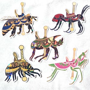 May include: A collection of five whimsical stickers featuring insects designed as carousel animals. The stickers include a bee, an ant, a beetle, a pill bug, and a praying mantis, each with intricate patterns and vibrant colors.