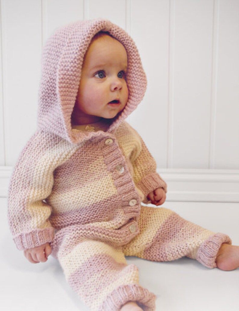 Knitted baby jumpsuit with hood in garter worked in 2 strands Etsy