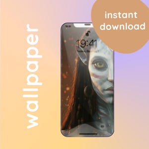 May include: A smartphone displays a digital wallpaper featuring a blue-skinned humanoid with yellow eyes, reminiscent of the Avatar movie. The phone screen shows the time 19:41. The words "instant download" and "wallpaper" are also visible.