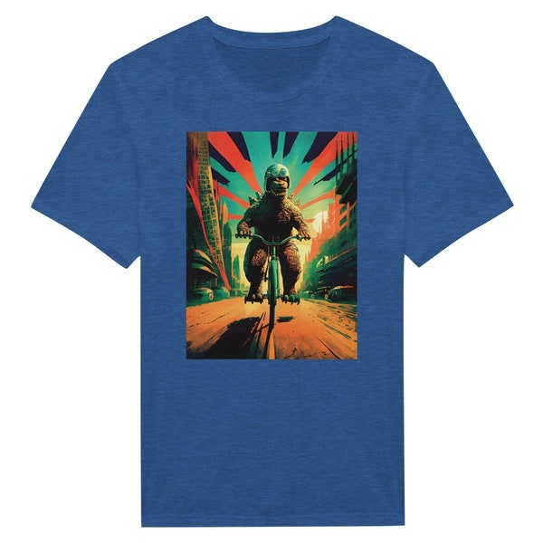 Godzilla Riding A Bicycle Wearing A Helmet T-Shirt Heather Series - Retro 1950s Comic Style Godzilla