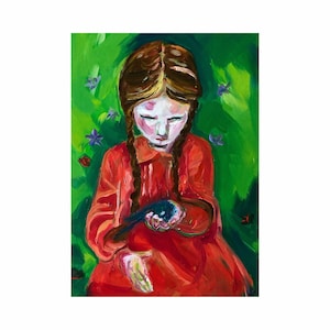 Little Bird,painting of girl, impressionist style art, expressive style, Original oil painting, bird painting, girl painting, childhood art,