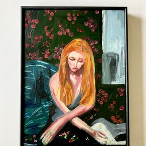 Cherry Wallpaper, Original oil painting, oil painting of woman with red hair, framed painting,