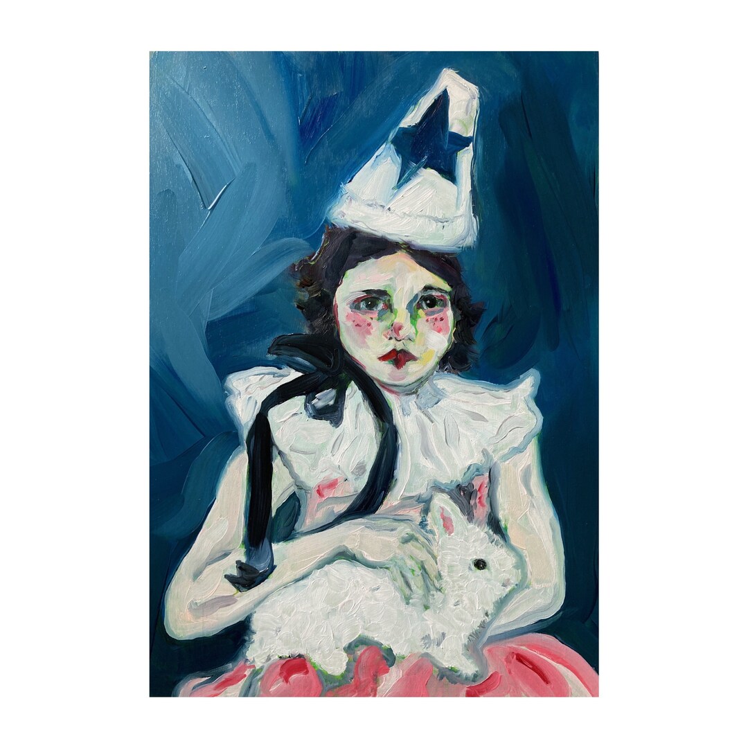 Little Clown and White Rabbit, Painting of Girl, Girl Art, Clown ...