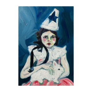 Little Clown and White Rabbit, Painting of girl, girl art, Clown, portrait, art, original art, oil painting, clown, girl,