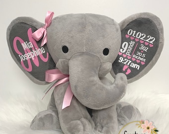Personalized Baby Birth Stats Elephant Plush, Newborn Gift, Birth Announcement