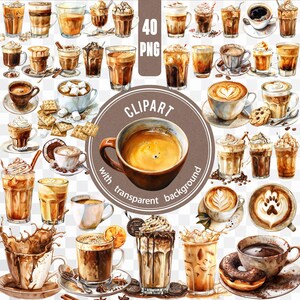 Colección de 40 cafés PNG / Archivo digital de bebidas calientes / Paquete de capuchino con leche / Pegatina de café matutino / Clipart de barista / Creación de tarjetas con cafeína