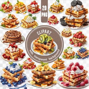 20 gofres belgas dulces PNG / Paquete de postres deliciosos / Paquete de desayuno en acuarela / Clipart de pegatinas de repostería tradicional / Creación de tarjetas con frutas