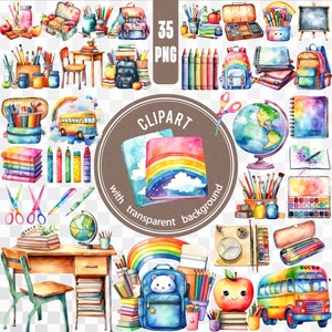 35 png terug naar school / rugzak, potlood, boek, schoolbus, verf digitale elementen / aquarel leraar stickerbundel / klaslokaal clipart