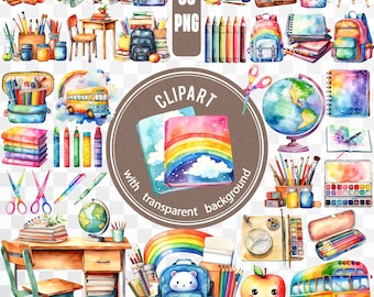 May include: Watercolor clipart set featuring school supplies, including pencils, crayons, backpacks, books, a school bus, and a globe. The image includes the text "CLIPART" and "35 PNG" with a transparent background.