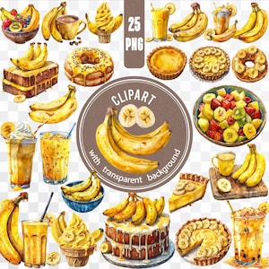 25 PNG Bananen / Gelbe Dessert Digitale Datei / Sommer Party Bundle / Gesunde Ernährung Aufkleber / Cocktail Clipart / Sommer Obst Karte machen